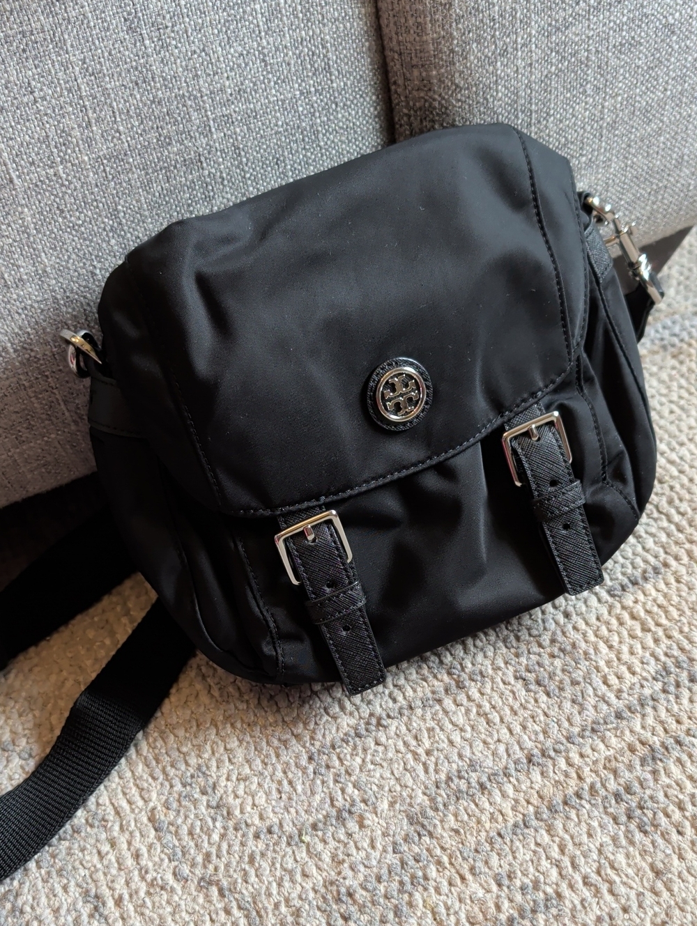 Tory Burch Black Nylon Messenger Crossbody with Logo Medallion